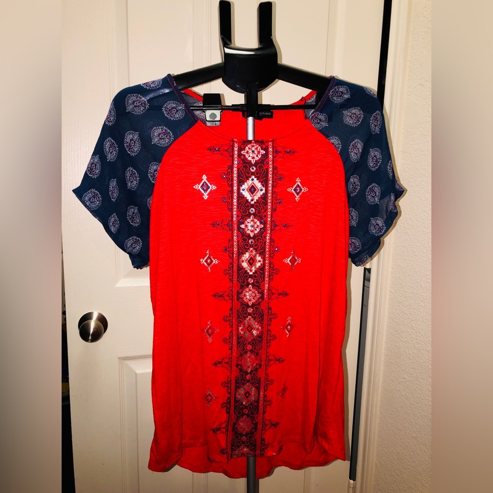 Red Embroidered Front Raglan Sleeve Top